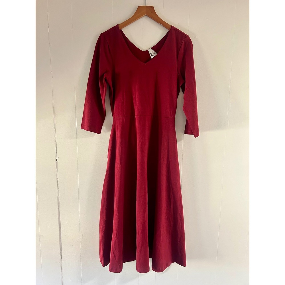 Pact Organic Cotton Fit and Flare 3/4 Sleeve Midi Dress Burgundy Red Womens M
